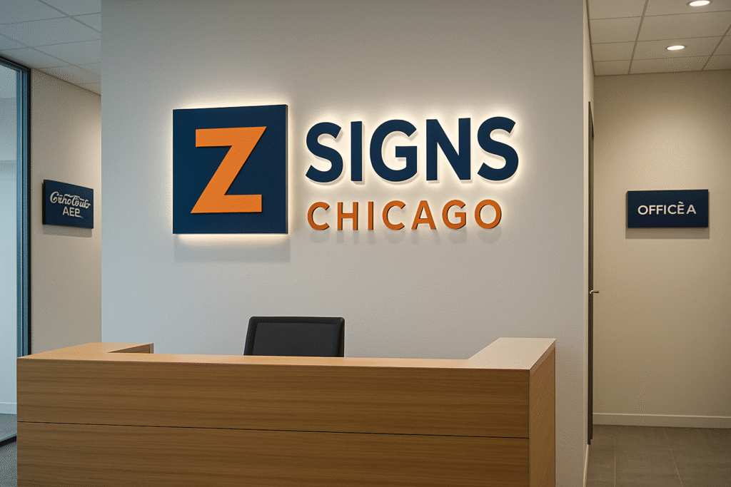 Zee Signs Chicago office reception with custom signage
